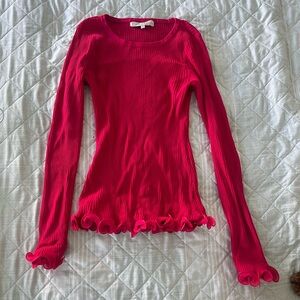 Women's Ribbed Long Sleeve Top - Pink with ruffles